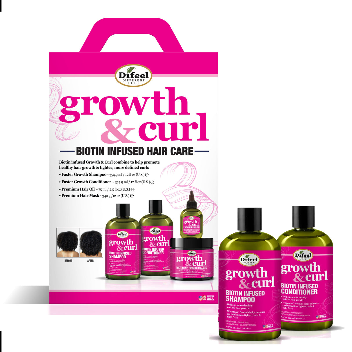 Difeel Growth & Curl Biotin Hair Care Collection 4-PC Gift Box - Includes Faster Growth Shampoo 12oz, Conditioner 12 oz, Hair Mask 12oz and Hair Oil 2.5oz by difeel - find your natural beauty