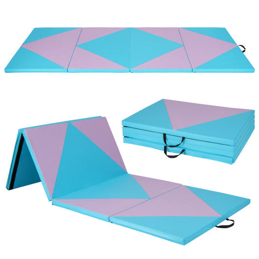 4-Panel PU Leather Folding Exercise Gym Mat with Hook and Loop Fasteners-Pink & Blue