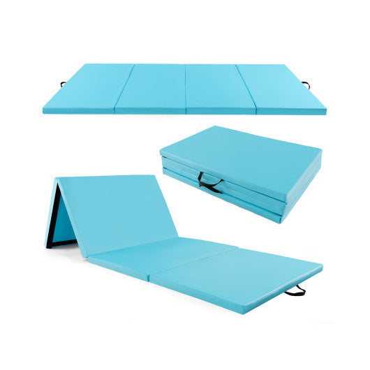 4-Panel PU Leather Folding Exercise Mat with Carrying Handles-Blue