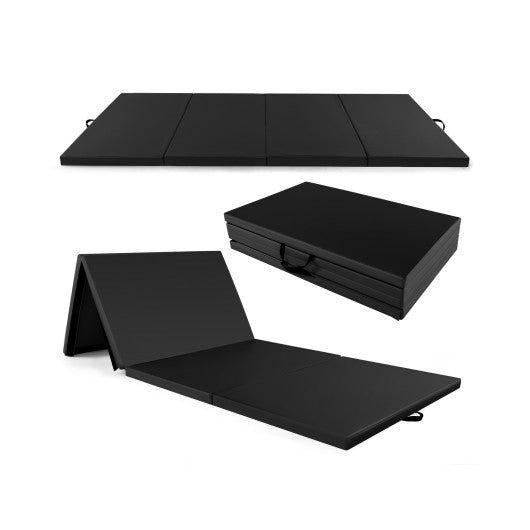 4-Panel PU Leather Folding Exercise Mat with Carrying Handles-Black