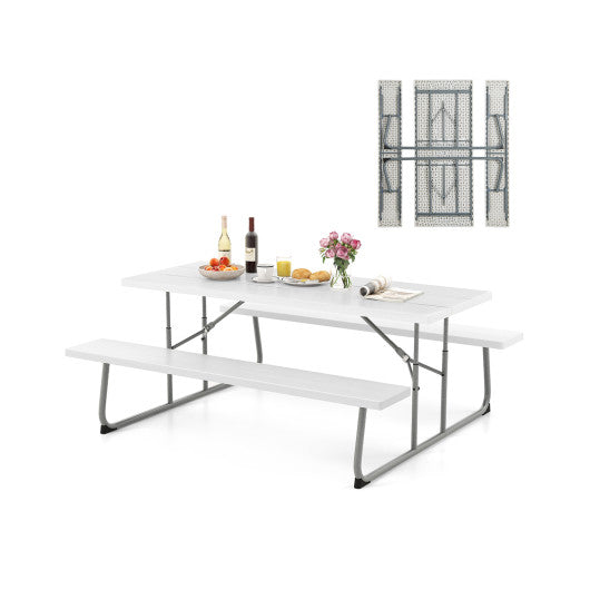 Folding Picnic Table Set with Metal Frame and All-Weather HDPE Tabletop  Umbrella Hole-White