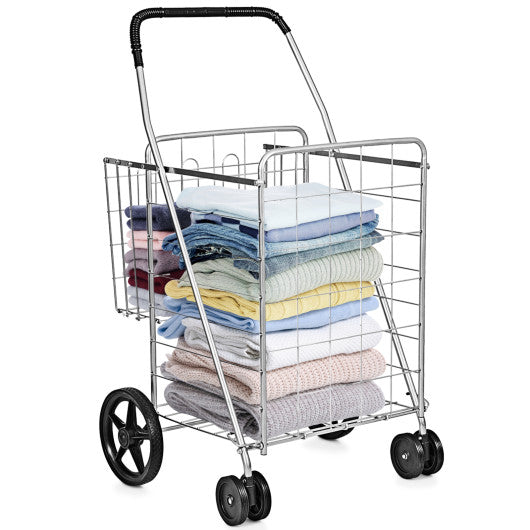 Folding Shopping Cart for Laundry with Swiveling Wheels and Dual Storage Baskets-Sliver