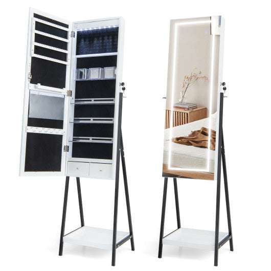 LED Standing Jewelry Mirror Cabinet with 3-Color Lighted Full-Length Mirror-White