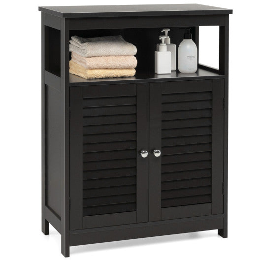 Wood Freestanding Bathroom Storage Cabinet with Double Shutter Door-Black