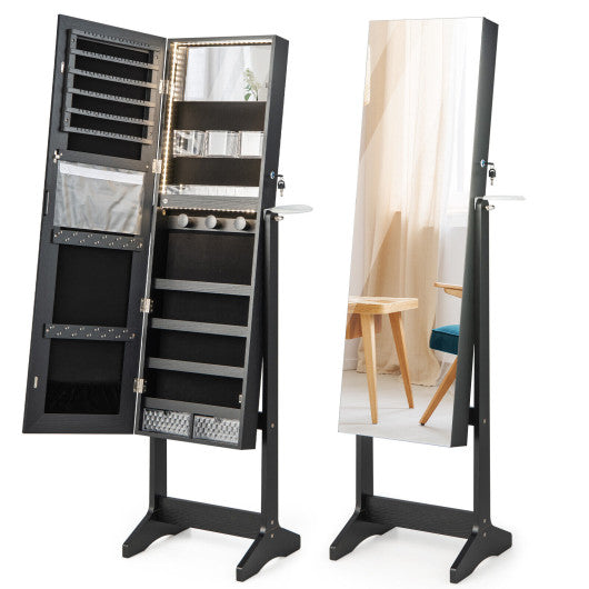 Freestanding Jewelry Cabinet with Full Length HD Mirror-Black