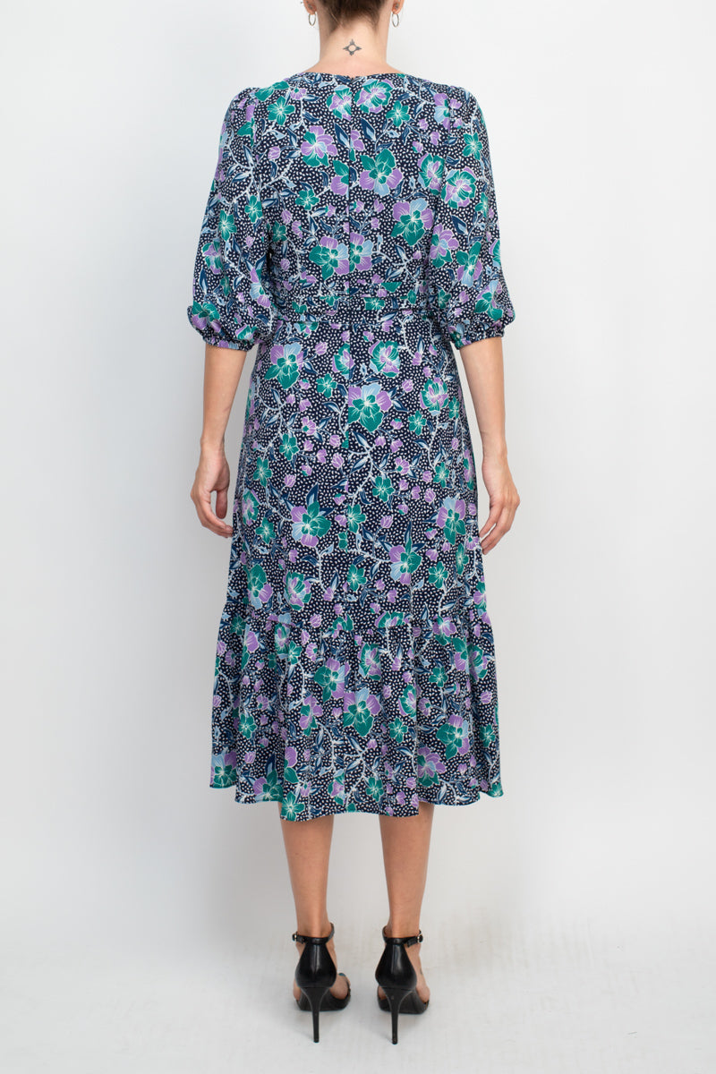 Maggy London V-Neck 3/4 Sleeve Elastic Cuff’s Pleated Faux Button Front Zipper Back Flutter Hem Floral Print Crepe Dress by Curated Brands