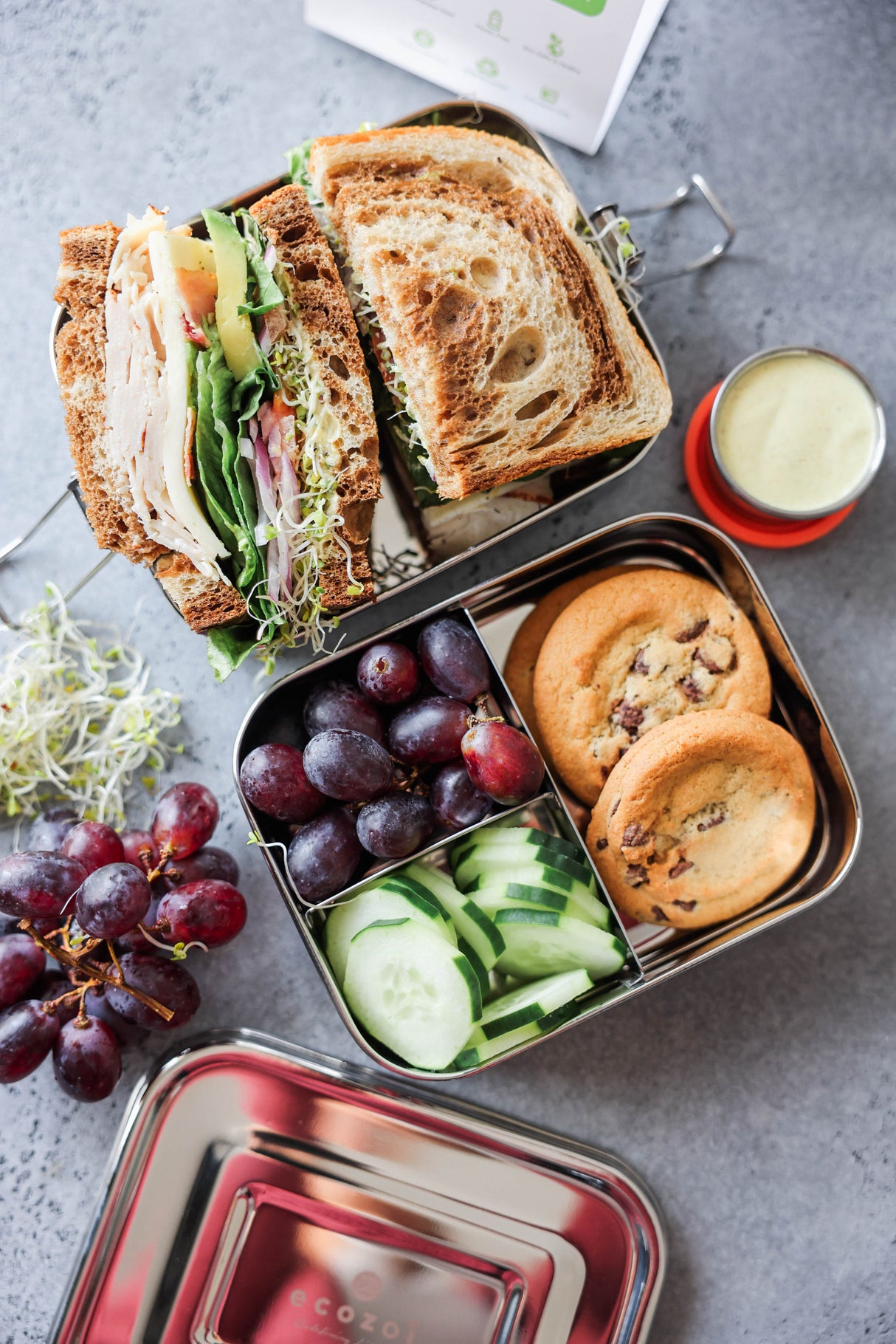 STAINLESS STEEL LUNCH BOX, 2 TIER Leak Proof, 3 COMPARTMENTS, 60 OZ by ecozoi