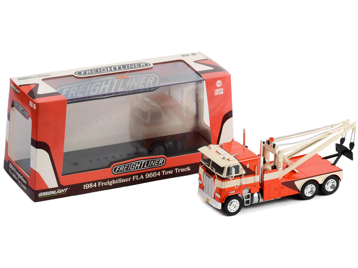 1984 Freightliner FLA 9664 Tow Truck Orange and White with Brown Graphics 1/43 Diecast Model Car by Greenlight