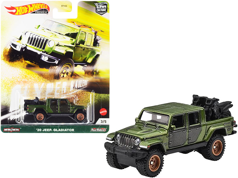 2020 Jeep Gladiator Rubicon Pickup Truck with Two Motorcycles Green Metallic and Gray "Hyper Haulers" Series Diecast Model Car by Hot Wheels