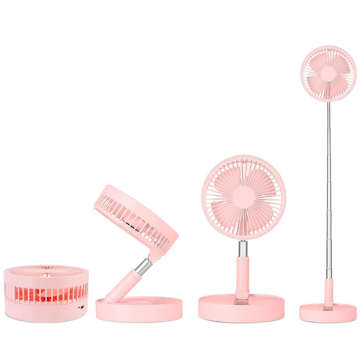 Portable Folding Desk Fan - USB Rechargeable, Quiet, 4 Speeds, Adjustable Height, 180° Tilting Angle - Pink