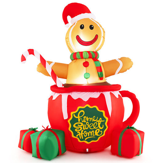 7 Feet Inflatable Gingerbread Man in Hot Cocoa Mug with Built-in LED Lights and Gift Boxes