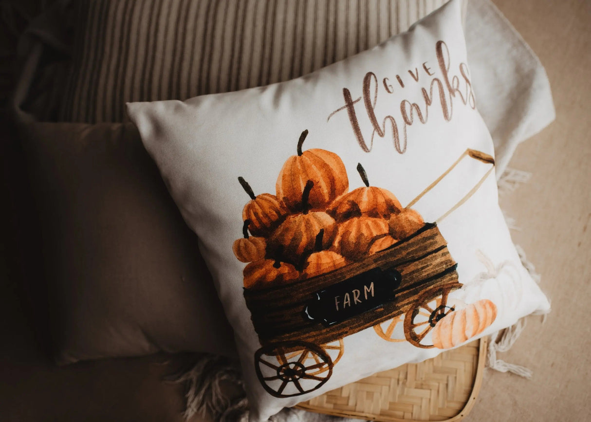 Give Thanks | Pumpkin Wagon Pillow | Farmhouse Pillows | Country Decor | Fall Throw Pillows | Cute Throw Pillow | Gift for her by UniikPillows