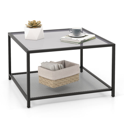 Modern 2-Tier Square Glass Coffee Table with Mesh Shelf-Gray