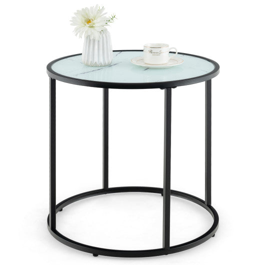 20 Inch Glass End Table with Metal Frame and Faux Marble Glass Top-Black and White