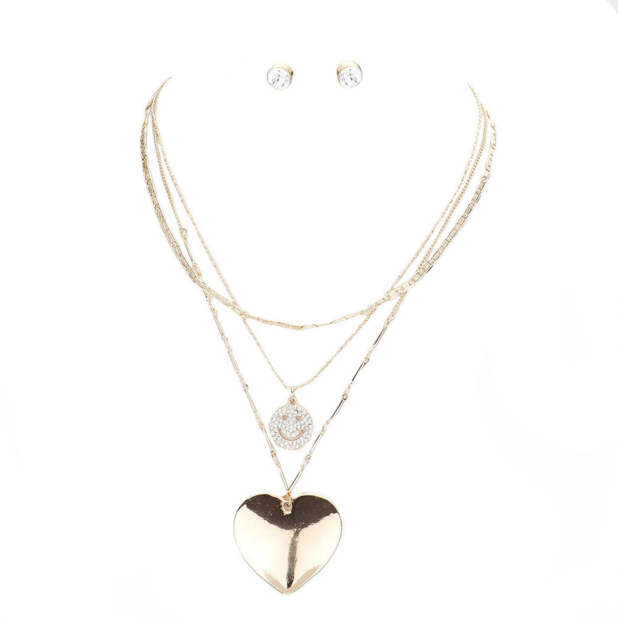 3PCS Stone Embellished Smile Metal Heart Pendant Necklaces by Madeline Love