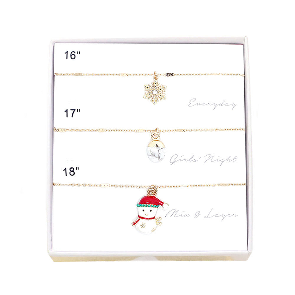 3PCS Snowflake Natural Stone Snowman Pendant Necklaces by Madeline Love