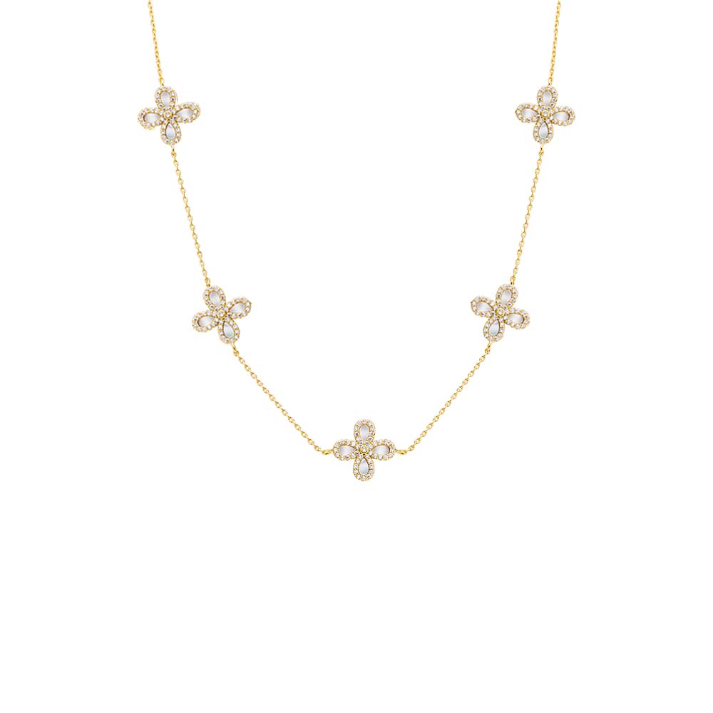 Multi Pave X Baguette Four Leaf Flower Necklace by By Adina Eden