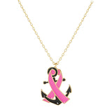 Gold Dipped Enamel Anchor Pink Ribbon Pendant Necklace by Madeline Love