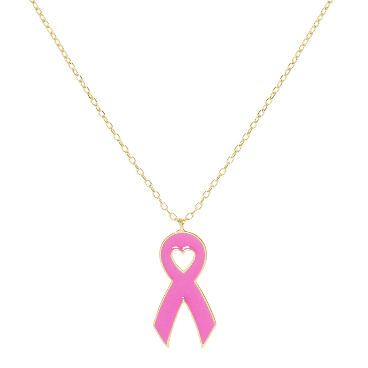 Gold Dipped Enamel Pink Ribbon Pendant Necklace by Madeline Love