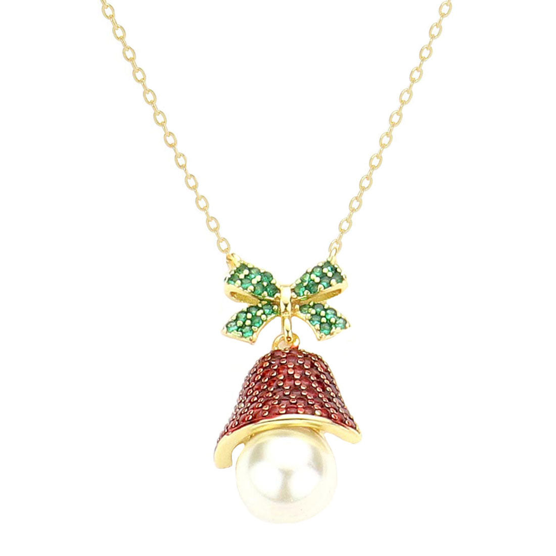 Gold Dipped Pearl CZ Jingle Bell Pendant Necklace by Madeline Love