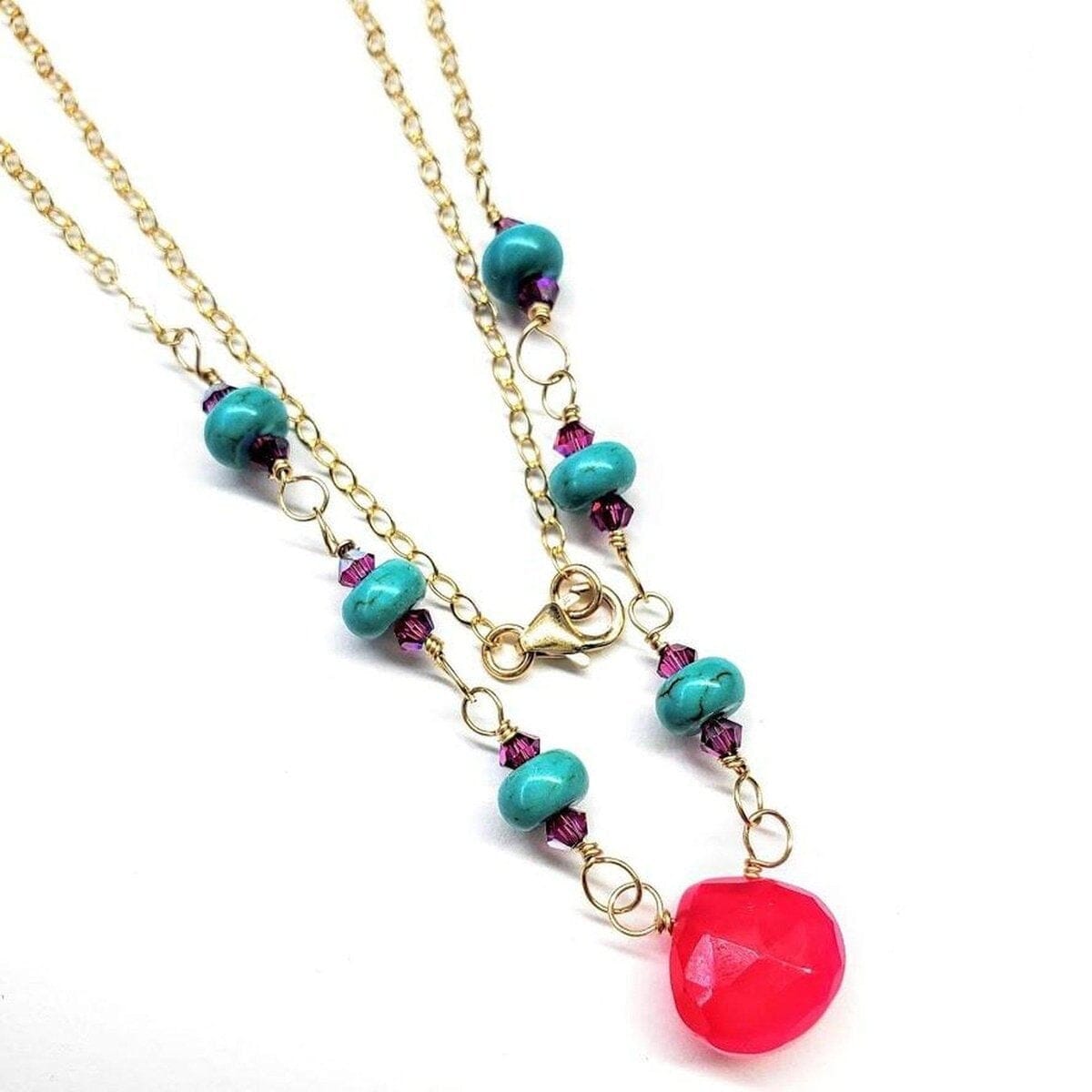 Gold Filled Pink Chalcedony Turquoise Gemstone Drop Necklace by Alexa Martha Designs