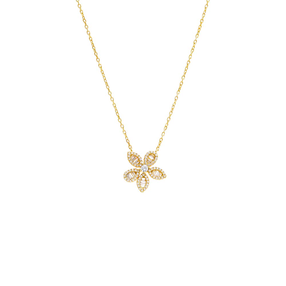 Pave X Baguette Fancy Flower Pendant Necklace by By Adina Eden