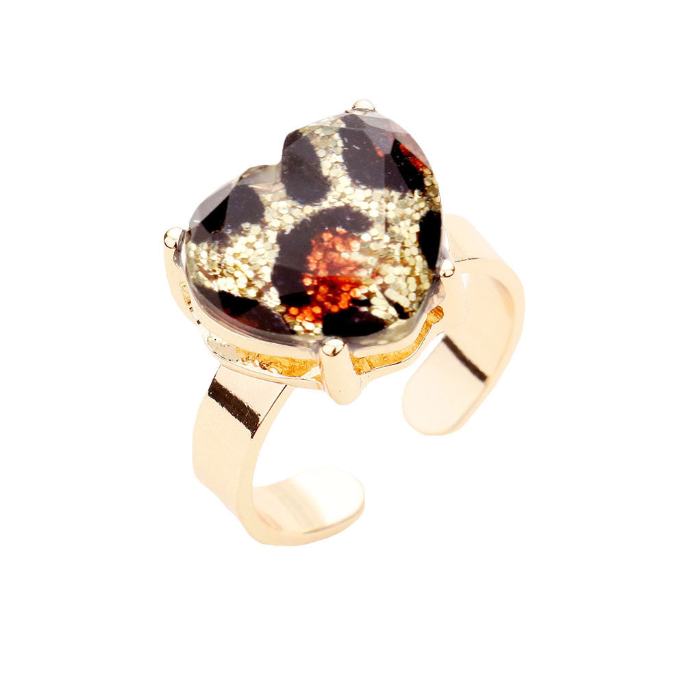 Glitter Leopard Pattern Heart Stone Adjustable Ring by Madeline Love