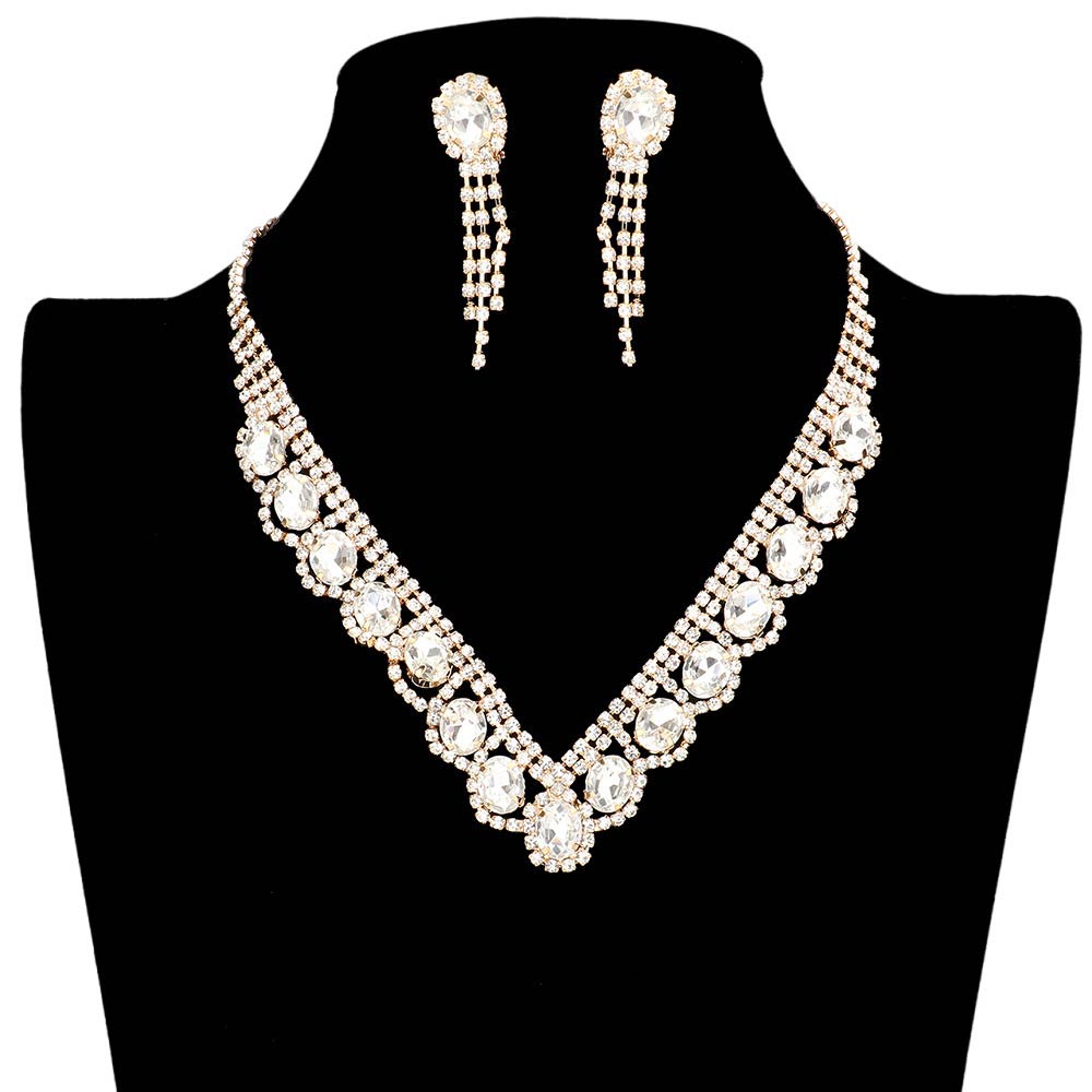 Oval Stone Accented V Shaped Rhinestone Necklace Earring Set by Madeline Love