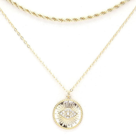 Rhinestone Evil Eye Charm Round Pendant Layer Chain Necklace by Madeline Love