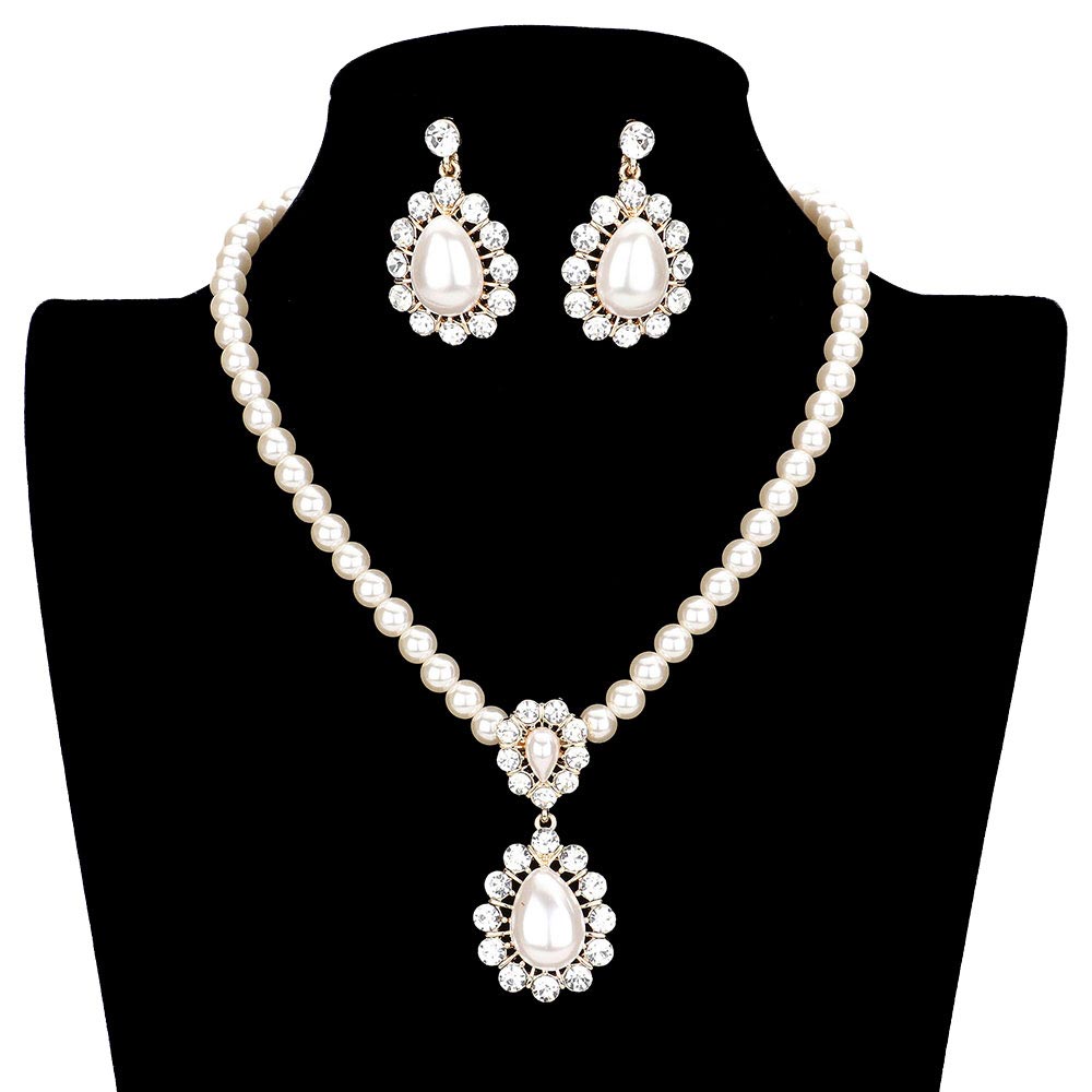 Rhinestone Pave Floral Teardrop Pearl Beaded Collar Necklace by Madeline Love