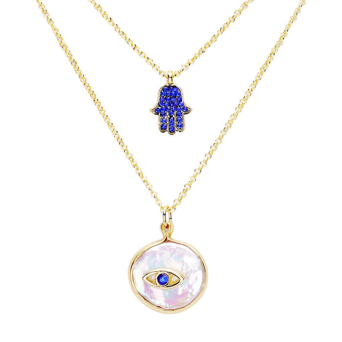 Evil Eye Pendant Rhinestone Hamsa Hands Layered Necklace by Madeline Love