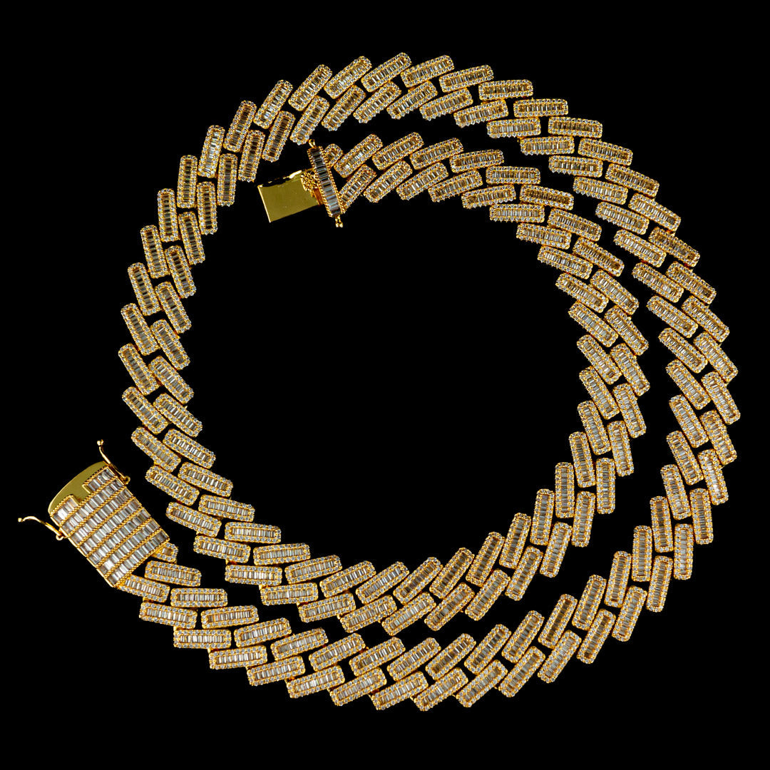 19mm Diamond Baguette Cuban Chain in Yellow Gold by Custom Gold Grillz