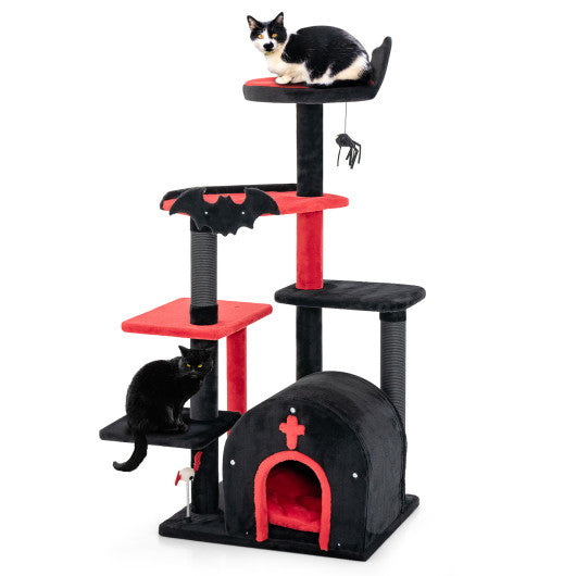 Gothic Cat Tree 53 Inch Tall Cat Tower with Cat Bed and Arch-Shaped Condo-Black