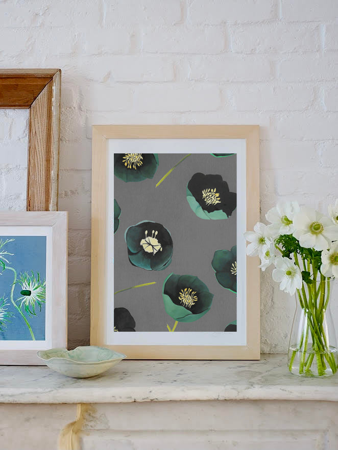 Art Print:  Green Winter Rose on Charcoal by India & Purry