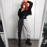 Land of Nostalgia Black and White Plaid Prints Women's Elastic Waist Loose Harem Streetwear Jogger Pants by Land of Nostalgia