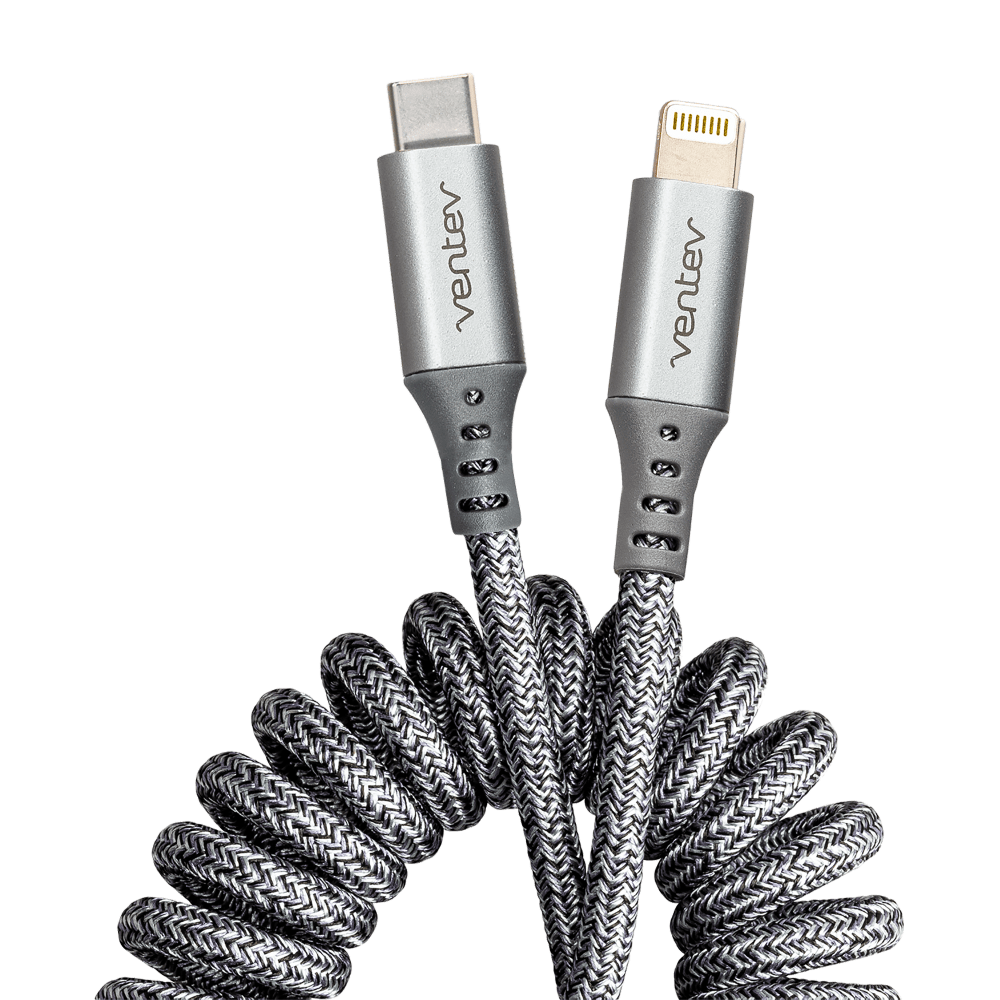 Ventev chargesync helix coiled USB C to Apple Lightning Cable 3ft Gray by Ventev