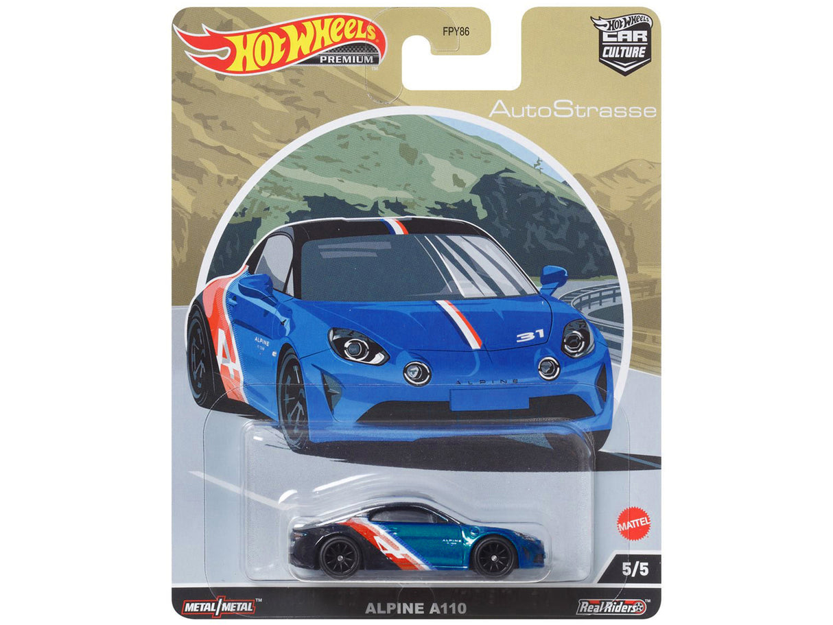 Alpine A110 Blue Metallic and Black with Graphics "Auto Strasse" Series Diecast Model Car by Hot Wheels