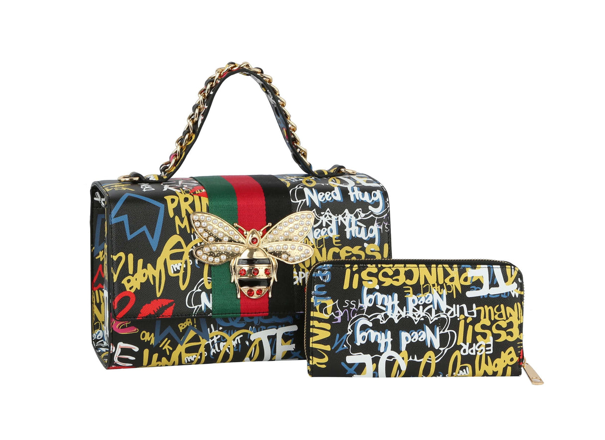 Multi Graffiti Fashion Patent leather Bee Satchel with Wallet shoulder bag by hfstylish