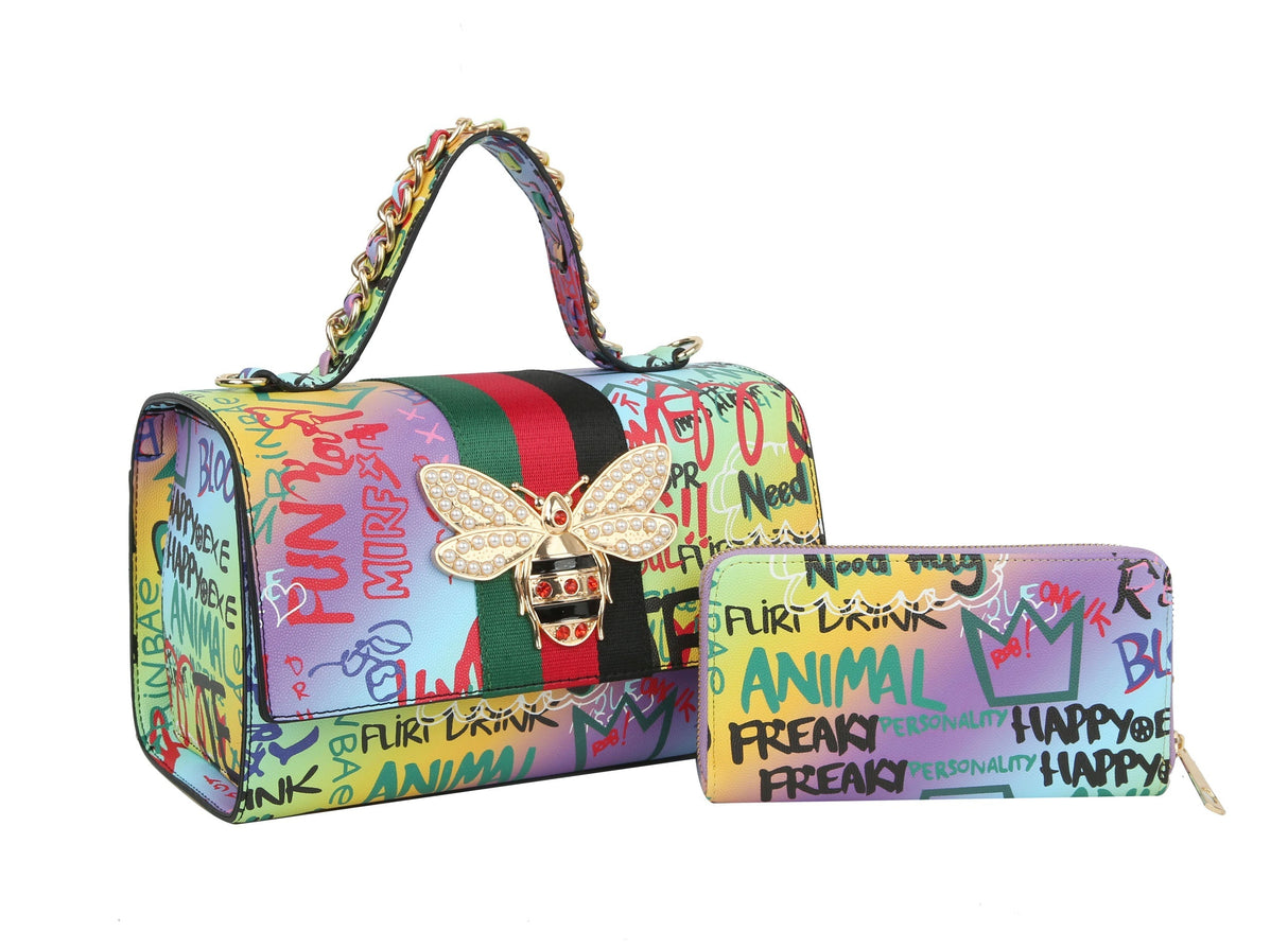 Multi Graffiti Fashion Patent leather Bee Satchel with Wallet shoulder bag by hfstylish