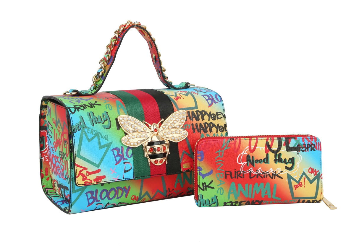 Multi Graffiti Fashion Patent leather Bee Satchel with Wallet shoulder bag by hfstylish