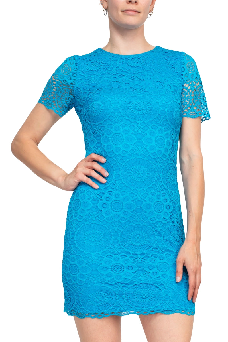 Laundry Crew Neck Short Sleeve Solid Concealed Zipper Back Shift Lace Dress by Curated Brands