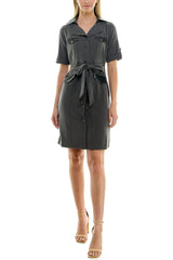 Sharagano notched collar short roll tab sleeve button closure belted matte jersey dress by Curated Brands