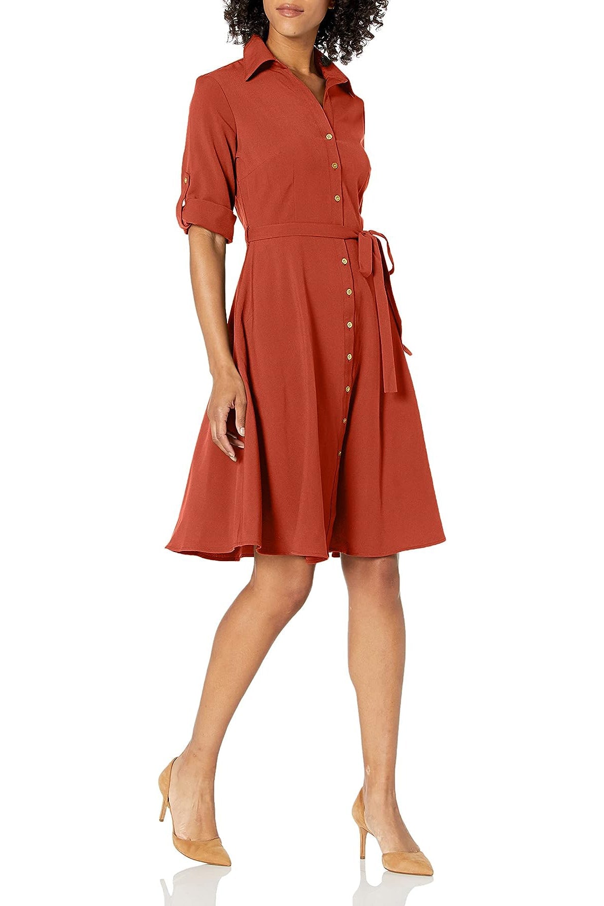 Sharagano Collared Short Tie Waist Solid Scuba Crepe Dress by Curated Brands