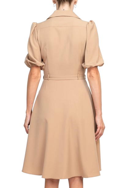 Sharagano Collared Short Sleeve Button Front Closure Tie Waist Solid Stretch Crepe Dress With Pockets by Curated Brands