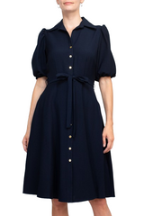 Sharagano Collared Short Sleeve Button Front Closure Tie Waist Solid Stretch Crepe Dress With Pockets by Curated Brands