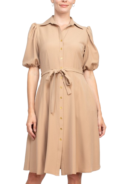 Sharagano Collared Short Sleeve Button Front Closure Tie Waist Solid Stretch Crepe Dress With Pockets by Curated Brands