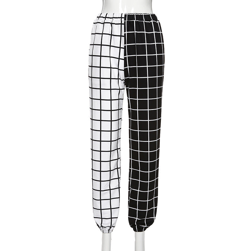 Land of Nostalgia Black and White Plaid Prints Women's Elastic Waist Loose Harem Streetwear Jogger Pants by Land of Nostalgia