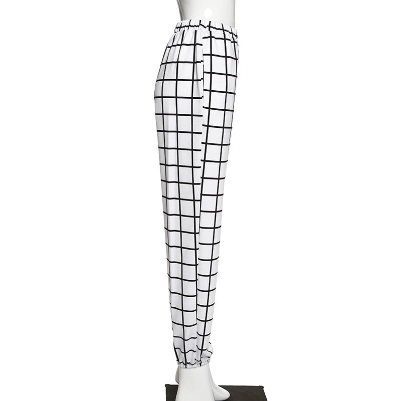 Land of Nostalgia Black and White Plaid Prints Women's Elastic Waist Loose Harem Streetwear Jogger Pants by Land of Nostalgia