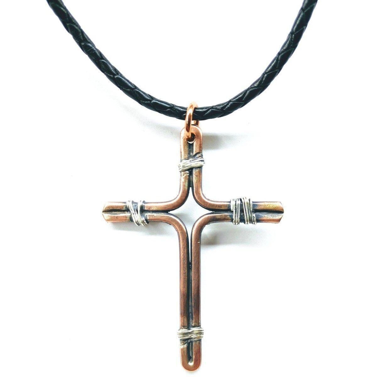 Handmade Copper and Silver Wire Cross Necklace for men by Alexa Martha Designs