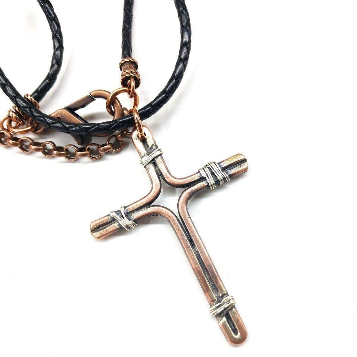 Handmade Copper and Silver Wire Cross Necklace for men by Alexa Martha Designs